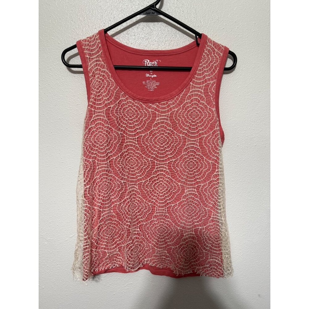 Rock 47 By Wrangler Tank Top Pink w/ Cream Overlay Womans L
